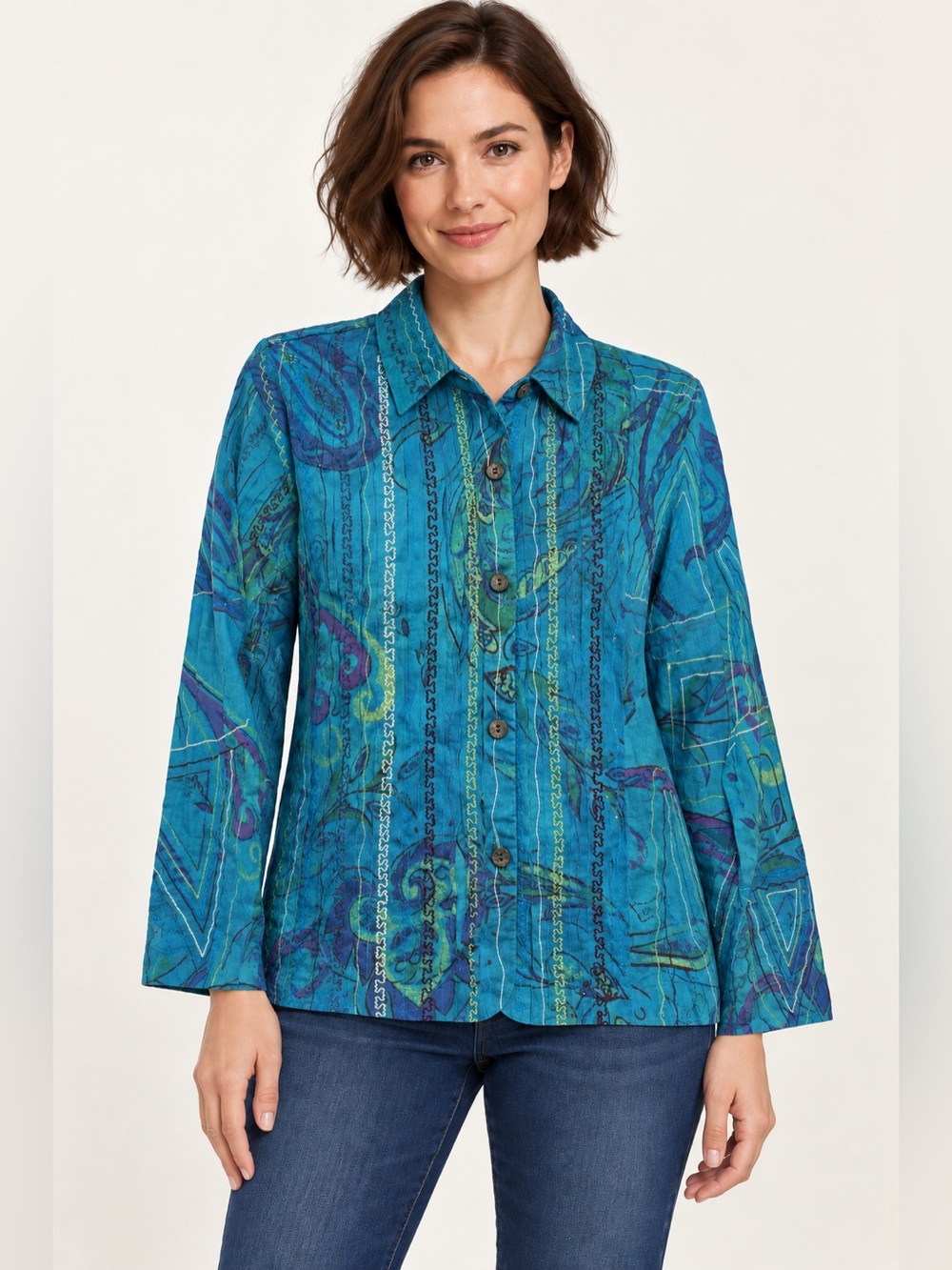 NWT Chico’s Turquoise Paisley Embroidered Cotton Button Front Blouse Size 1 (M )
